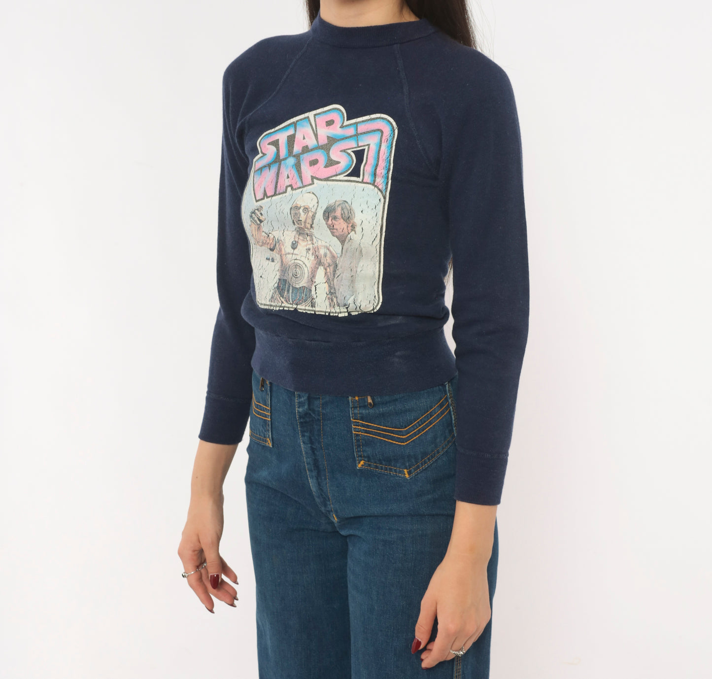 80s Star Wars C3PO Luke Skywalker Sweatshirt Navy Blue Raglan Sleeve Cropped Pullover Sci Fi Movie Cotton Vintage Top Extra Extra Small XXS