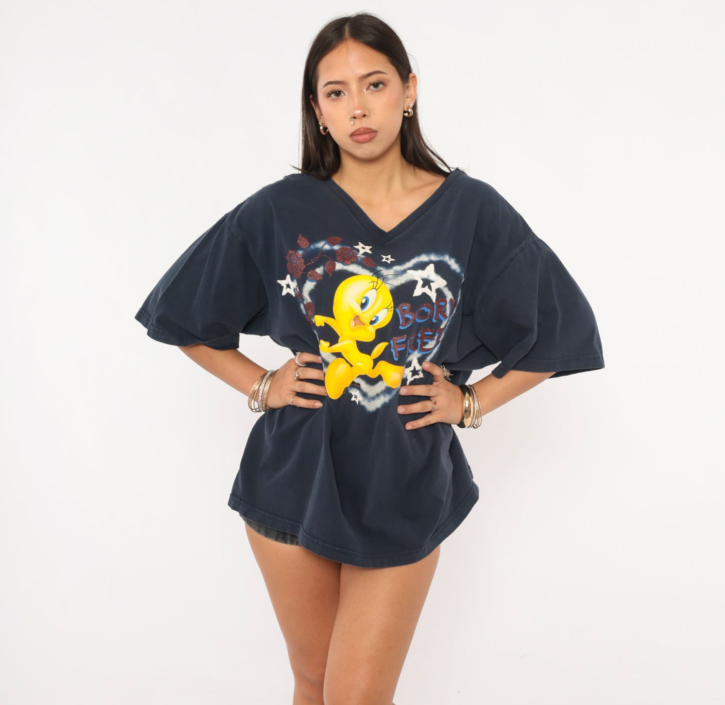 Tweety Bird Tee 90s Looney Tunes Born Free Graphic V Neck Cotton Navy Blue Cartoon Stars Heart Boxy Relaxed Fit Dark Shirt Plus Size 2X XXL