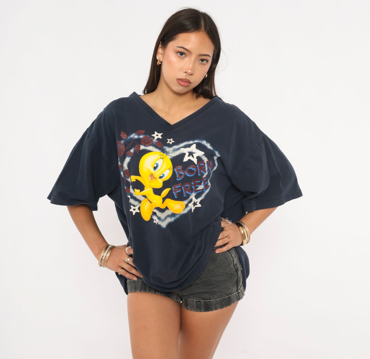 Tweety Bird Tee 90s Looney Tunes Born Free Graphic V Neck Cotton Navy Blue Cartoon Stars Heart Boxy Relaxed Fit Dark Shirt Plus Size 2X XXL
