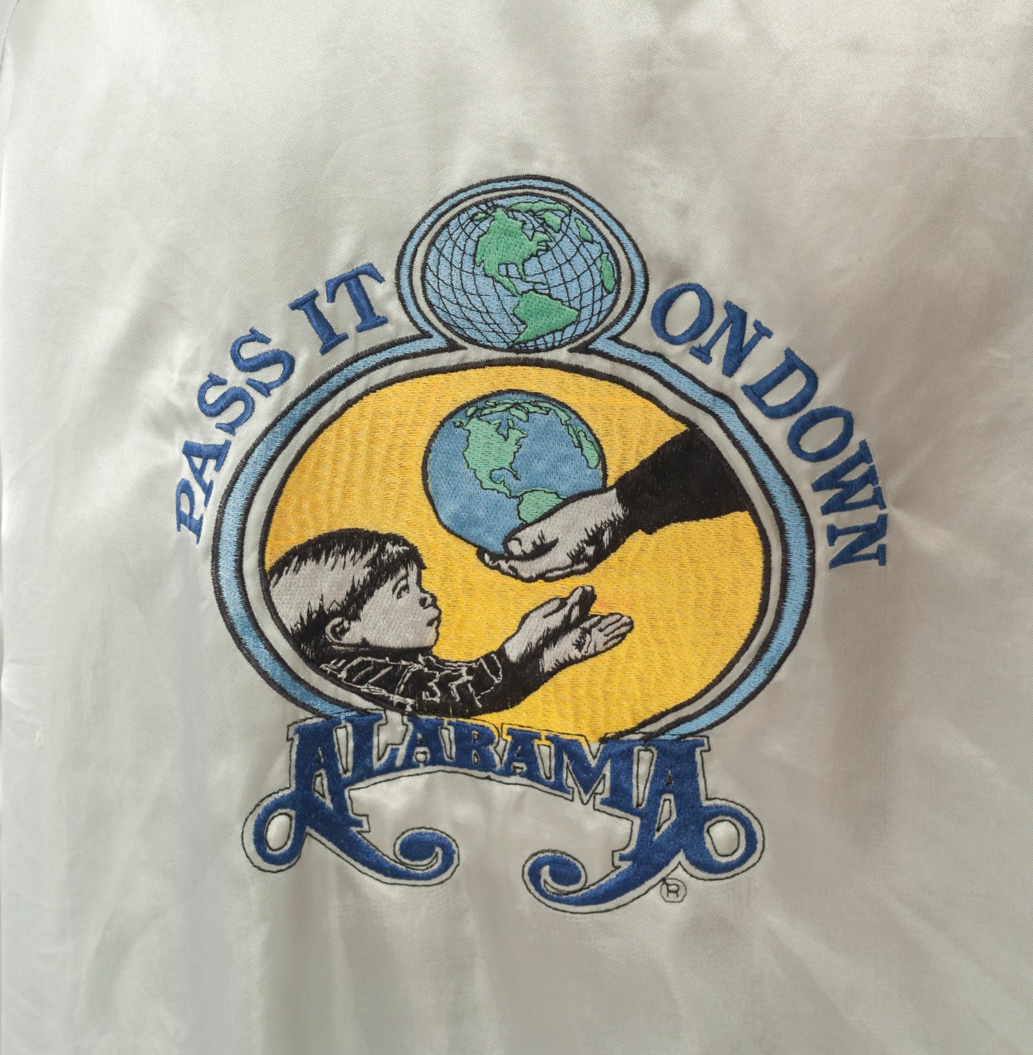 Alabama Pass It On Down Satin Bomber Grey Silver Band Tour Jacket 80s Country Music Varsity Vintage Unisex Mens Small S