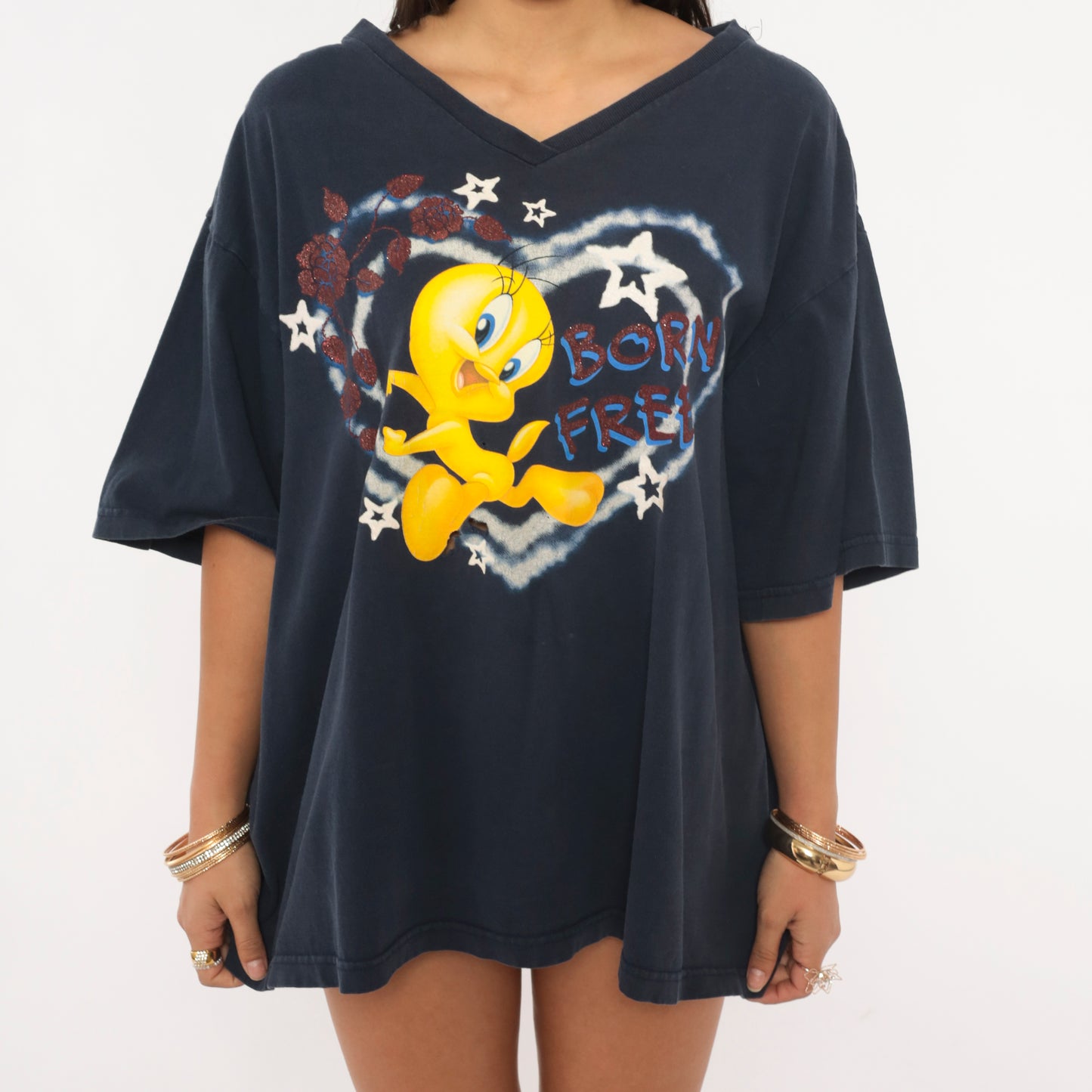 Tweety Bird Tee 90s Looney Tunes Born Free Graphic V Neck Cotton Navy Blue Cartoon Stars Heart Boxy Relaxed Fit Dark Shirt Plus Size 2X XXL
