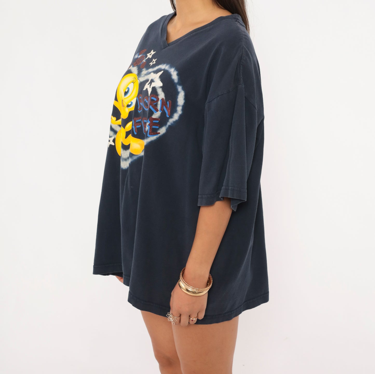 Tweety Bird Tee 90s Looney Tunes Born Free Graphic V Neck Cotton Navy Blue Cartoon Stars Heart Boxy Relaxed Fit Dark Shirt Plus Size 2X XXL