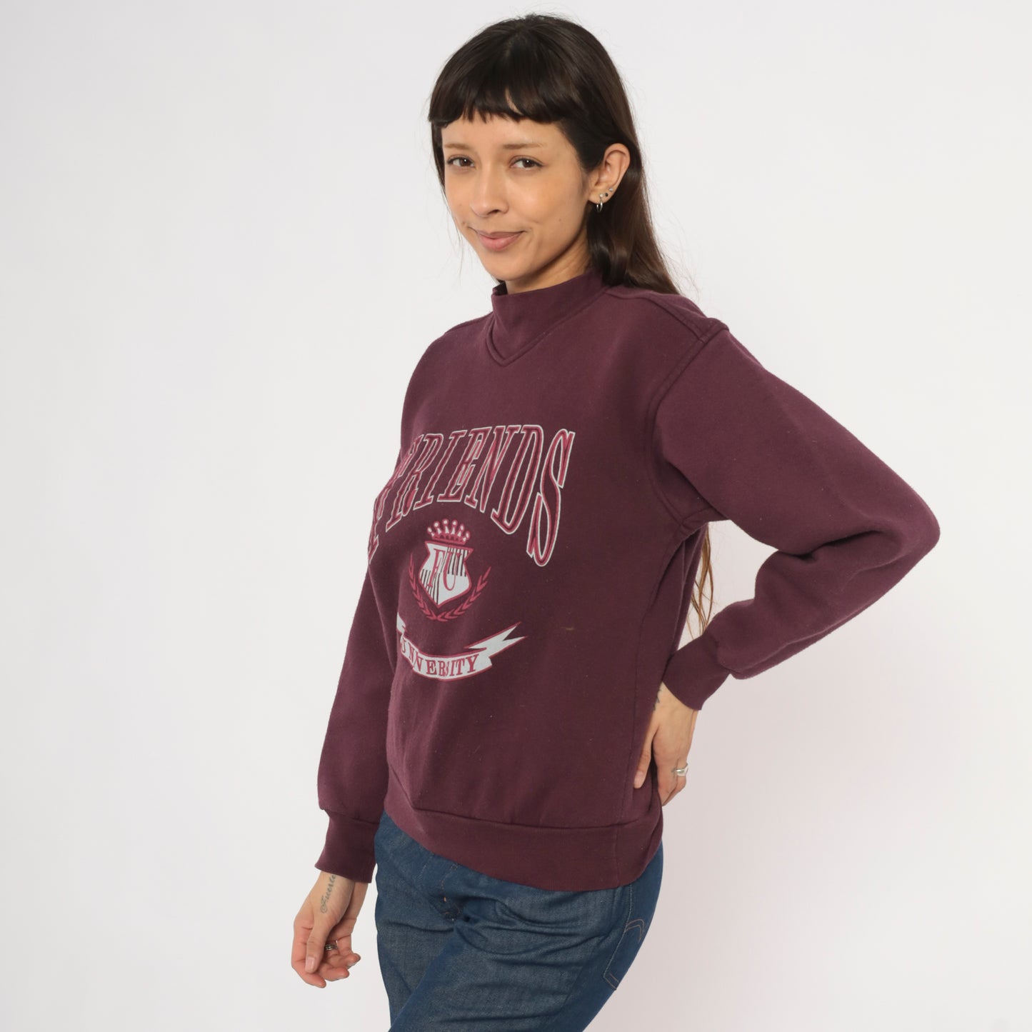 90s Friends University Jansport Sweatshirt Burgundy Collegiate Crest Graphic Pullover Wine Maroon  Sweater Preppy Academic Campus Medium M