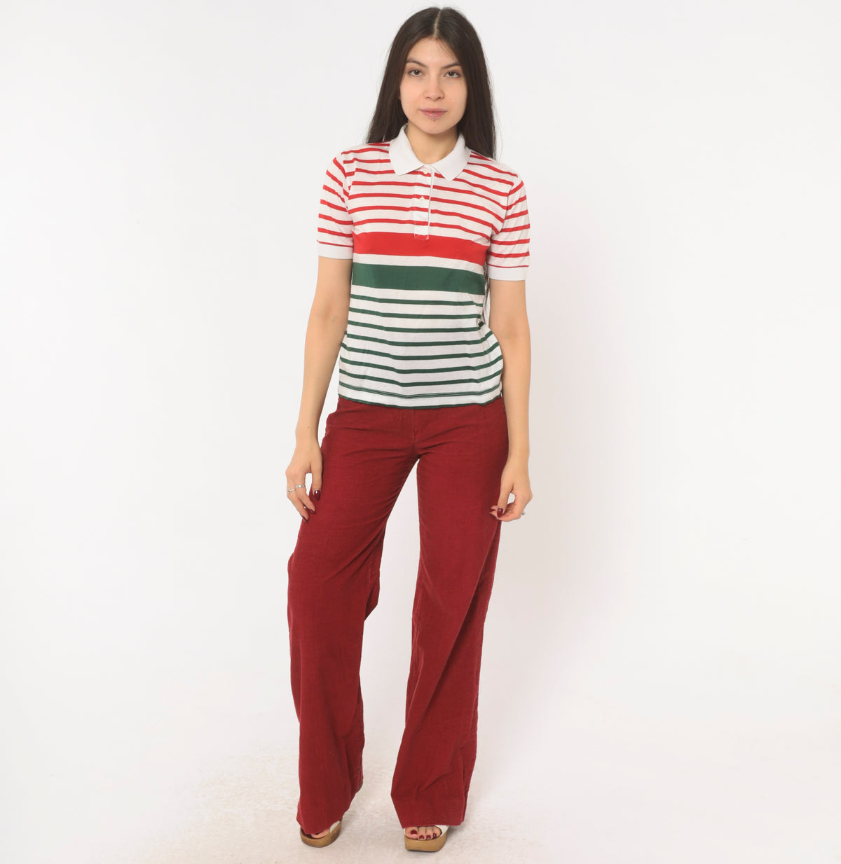 80s Gucci Striped Polo Red Green White Cotton Collared Italian Designer Short Sleeve Knit Top Preppy Collegiate Tennis Style Tee Small S