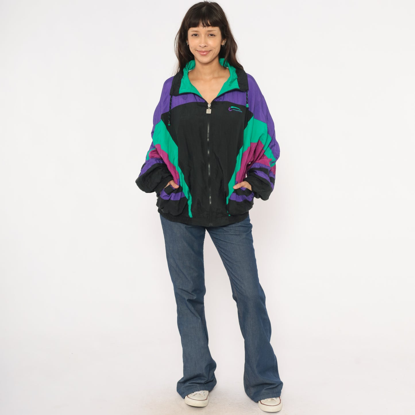 90s Givenchy Windbreaker Purple Teal Black Color Block Zip Front Track Jacket Colorful Athletic Sporty Streetwear Magenta Extra Large XL