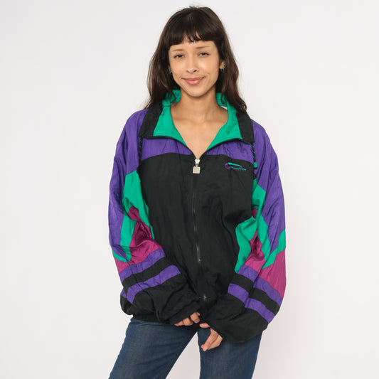 90s Givenchy Windbreaker Purple Teal Black Color Block Zip Front Track Jacket Colorful Athletic Sporty Streetwear Magenta Extra Large XL