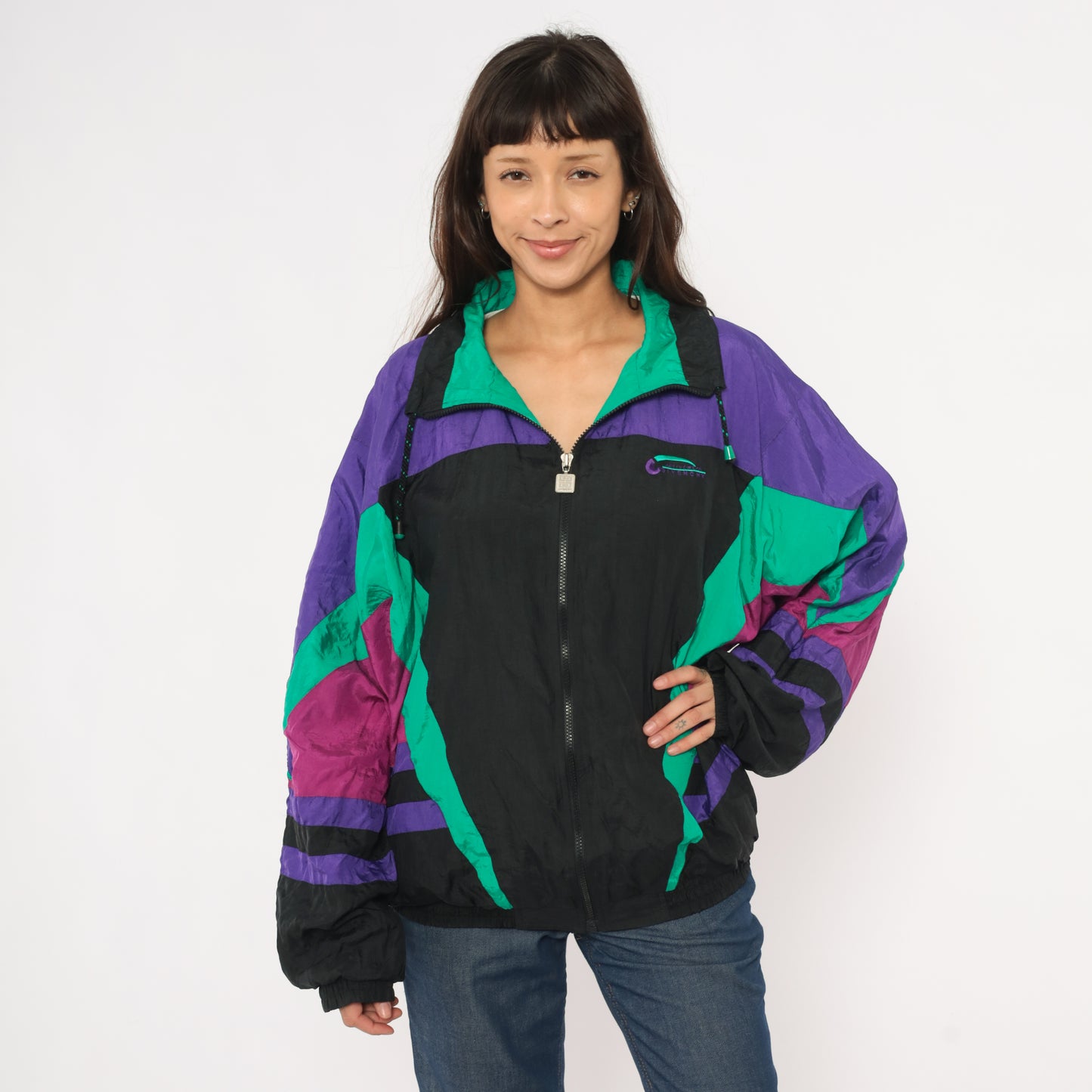 90s Givenchy Windbreaker Purple Teal Black Color Block Zip Front Track Jacket Colorful Athletic Sporty Streetwear Magenta Extra Large XL