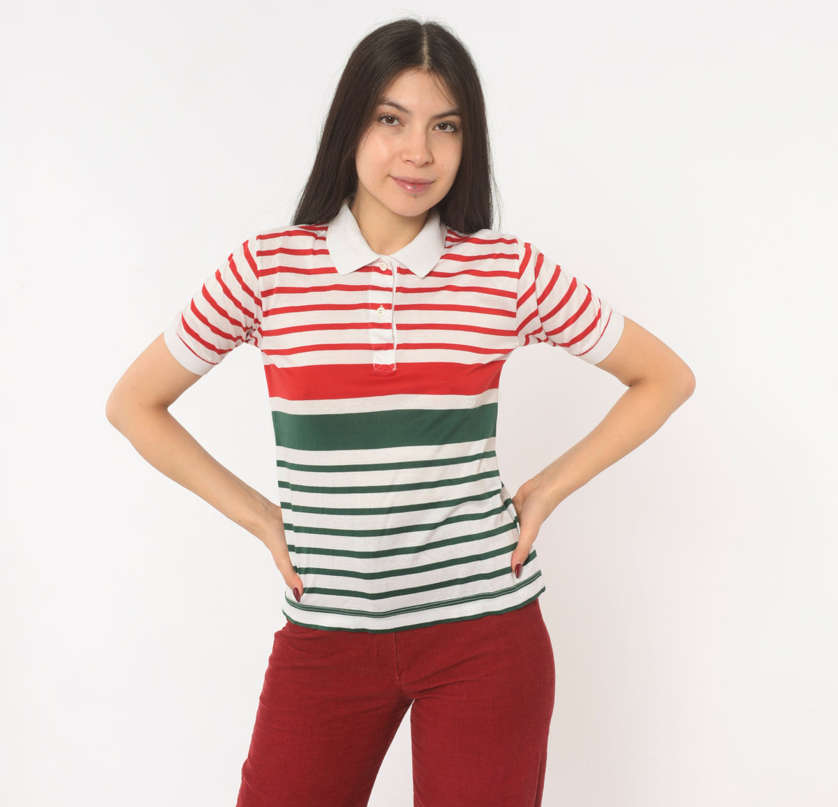 80s Gucci Striped Polo Red Green White Cotton Collared Italian Designer Short Sleeve Knit Top Preppy Collegiate Tennis Style Tee Small S