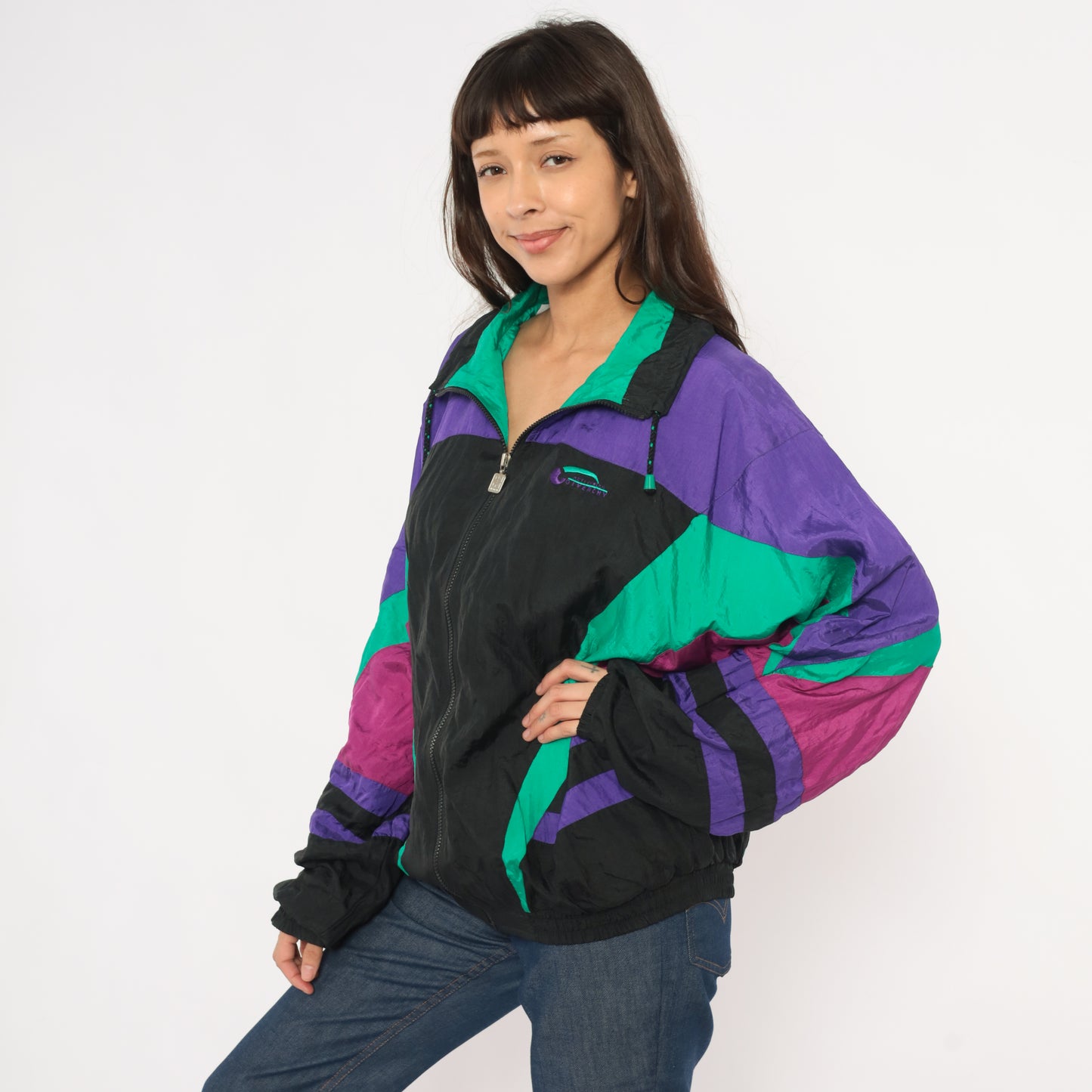90s Givenchy Windbreaker Purple Teal Black Color Block Zip Front Track Jacket Colorful Athletic Sporty Streetwear Magenta Extra Large XL