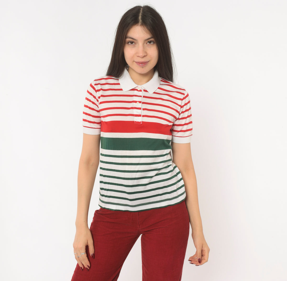 80s Gucci Striped Polo Red Green White Cotton Collared Italian Designer Short Sleeve Knit Top Preppy Collegiate Tennis Style Tee Small S