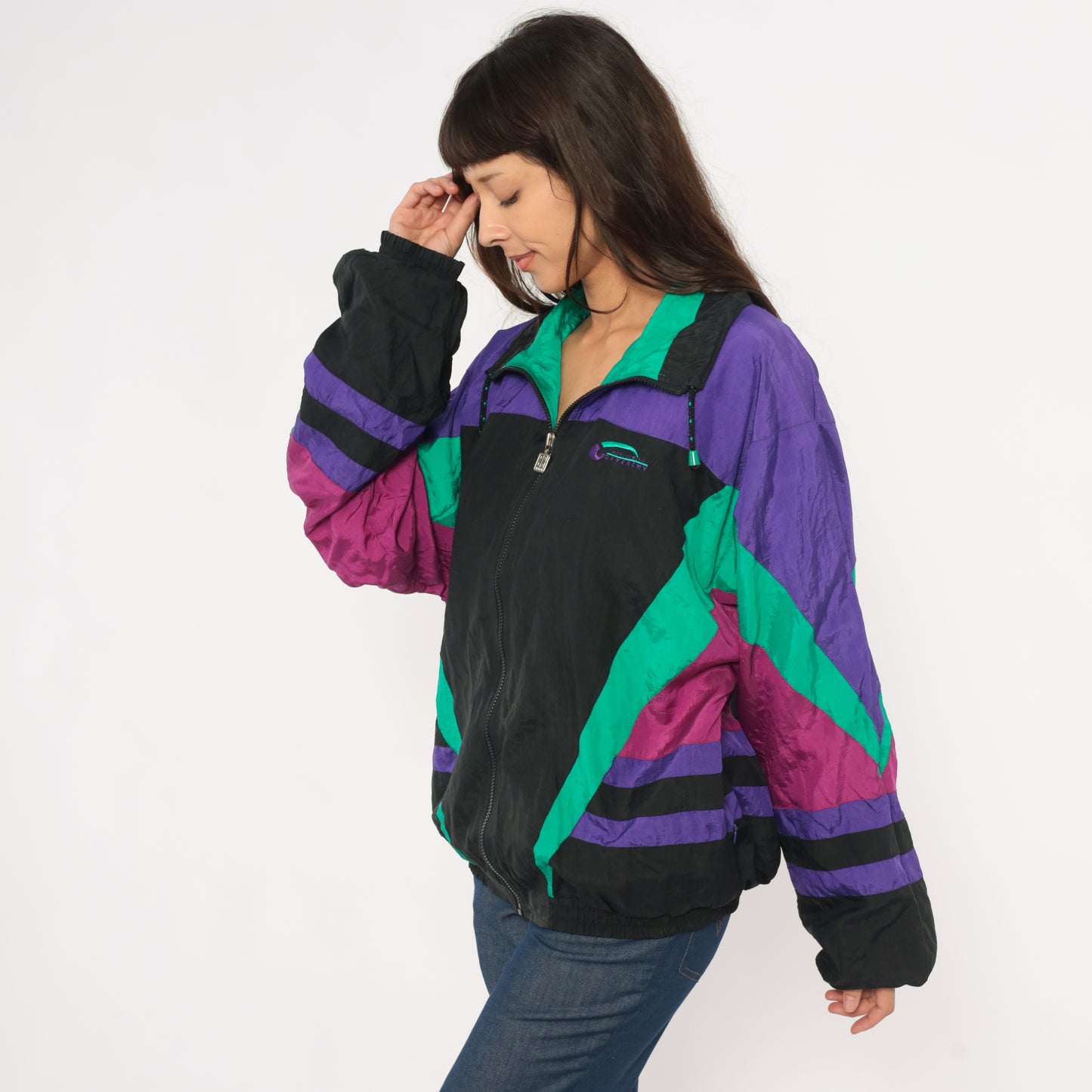 90s Givenchy Windbreaker Purple Teal Black Color Block Zip Front Track Jacket Colorful Athletic Sporty Streetwear Magenta Extra Large XL