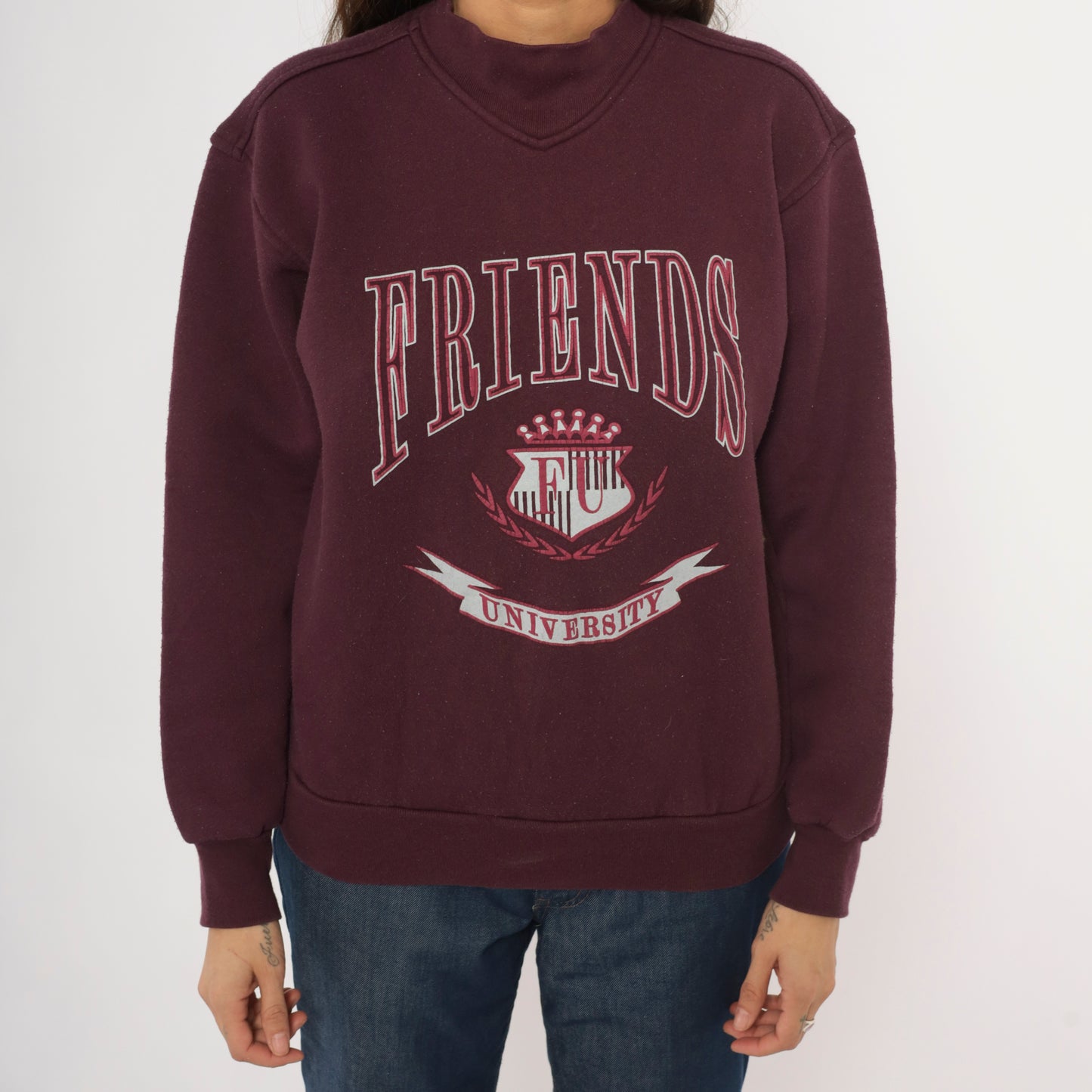 90s Friends University Jansport Sweatshirt Burgundy Collegiate Crest Graphic Pullover Wine Maroon  Sweater Preppy Academic Campus Medium M