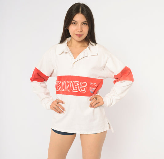 80s Sacramento Kings Polo Shirt NBA White Red Cotton Long Sleeve Collared Rugby Basketball Pullover Button Front Boxy Fit Sports Fan Graphic Top Vintage Medium M