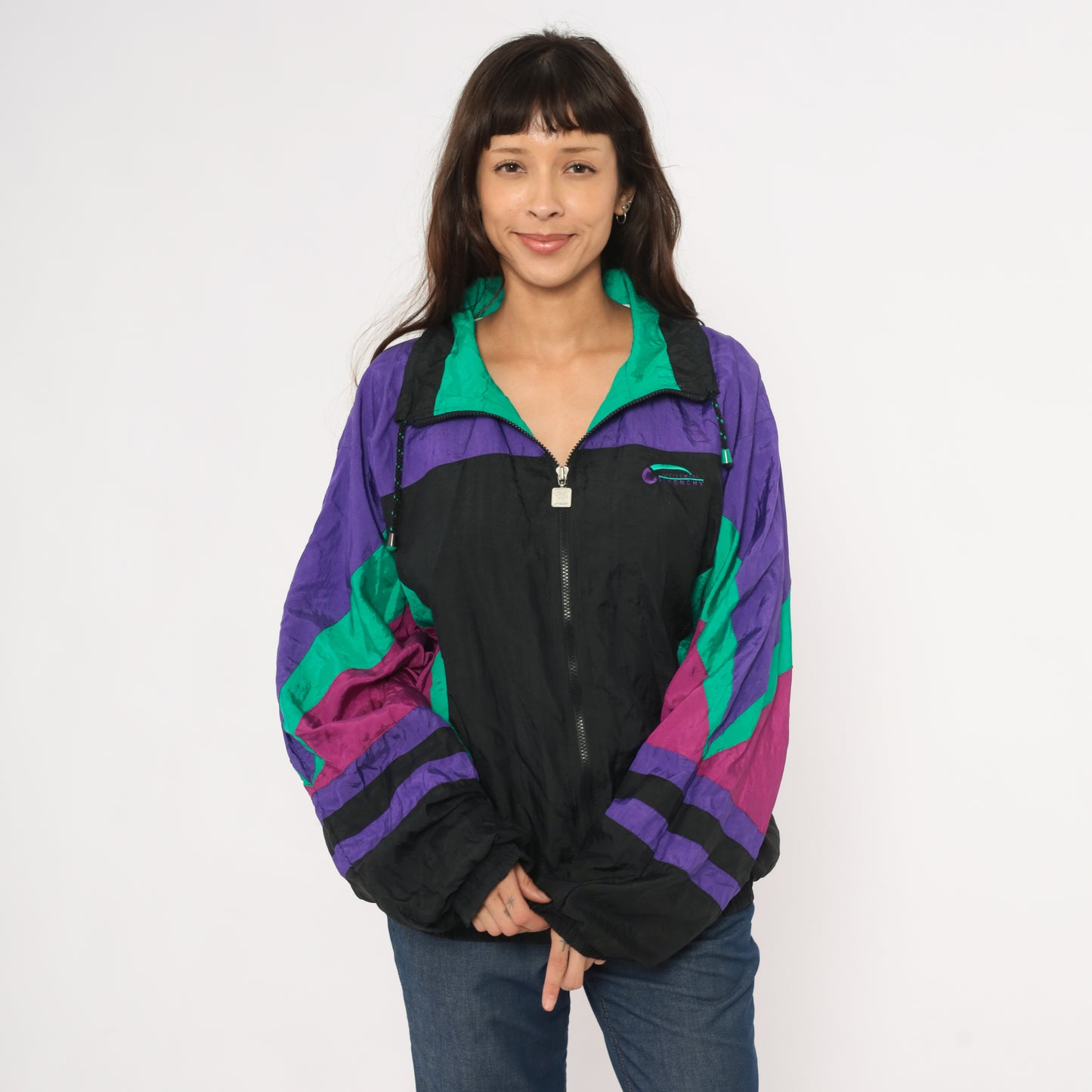 90s Givenchy Windbreaker Purple Teal Black Color Block Zip Front Track Jacket Colorful Athletic Sporty Streetwear Magenta Extra Large XL