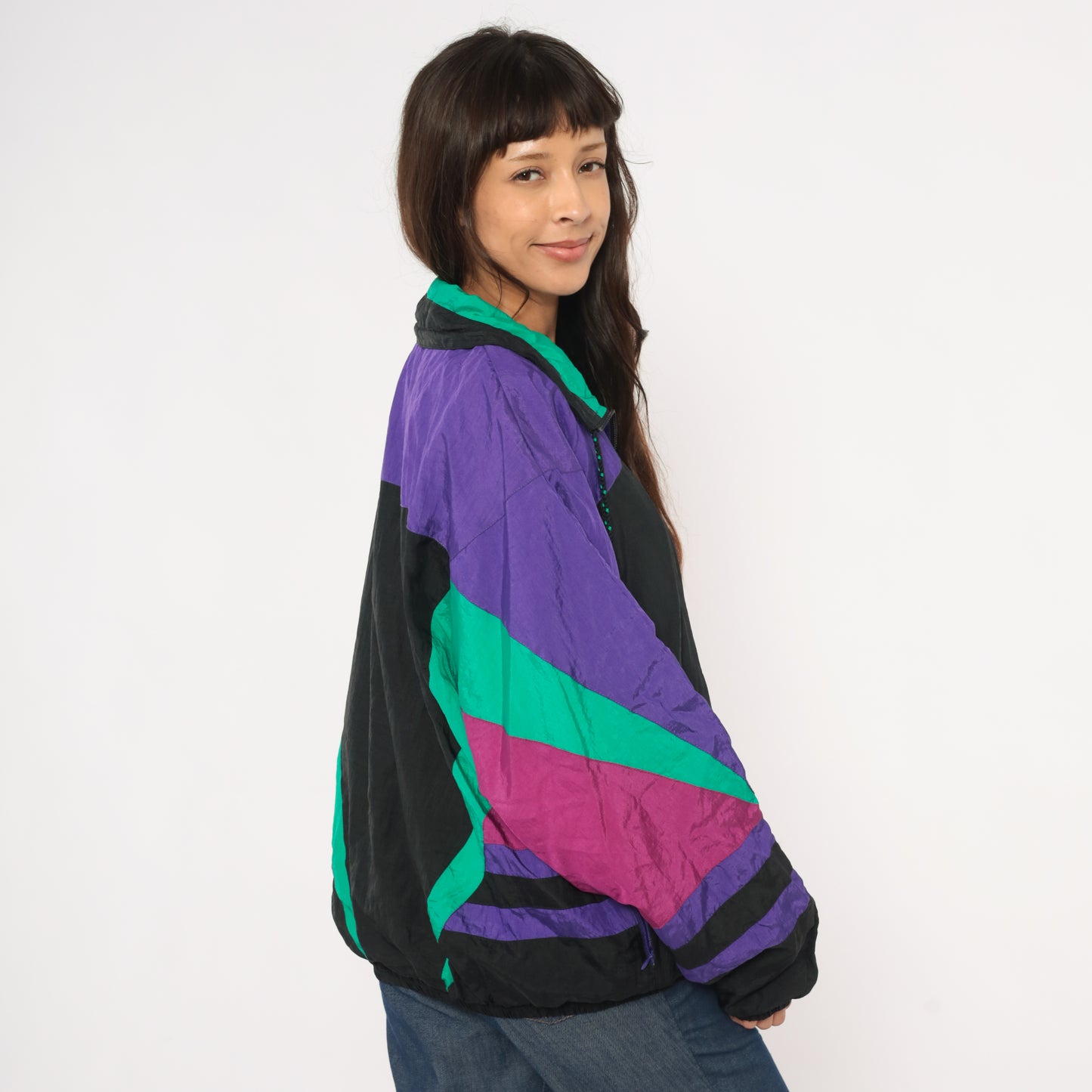 90s Givenchy Windbreaker Purple Teal Black Color Block Zip Front Track Jacket Colorful Athletic Sporty Streetwear Magenta Extra Large XL