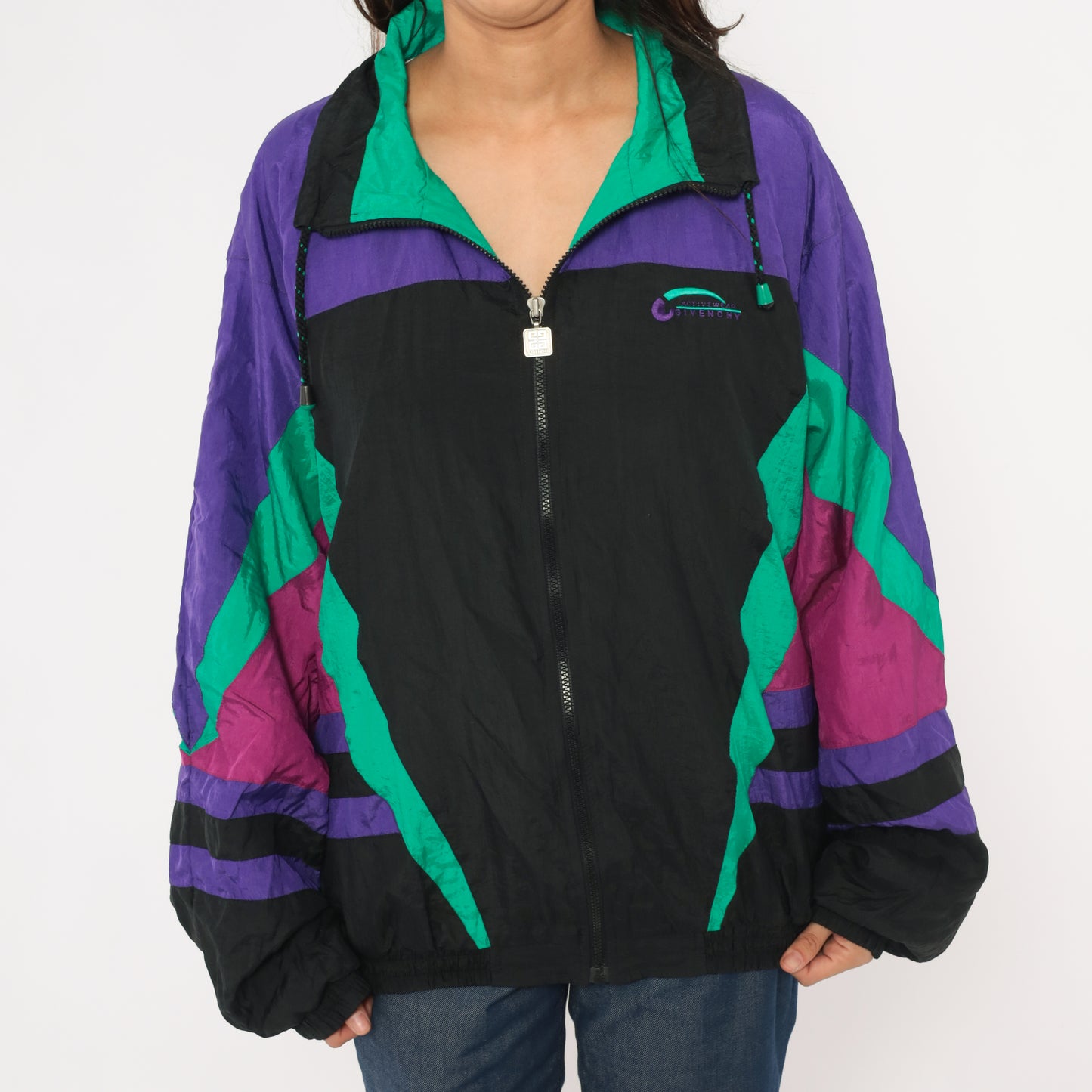90s Givenchy Windbreaker Purple Teal Black Color Block Zip Front Track Jacket Colorful Athletic Sporty Streetwear Magenta Extra Large XL