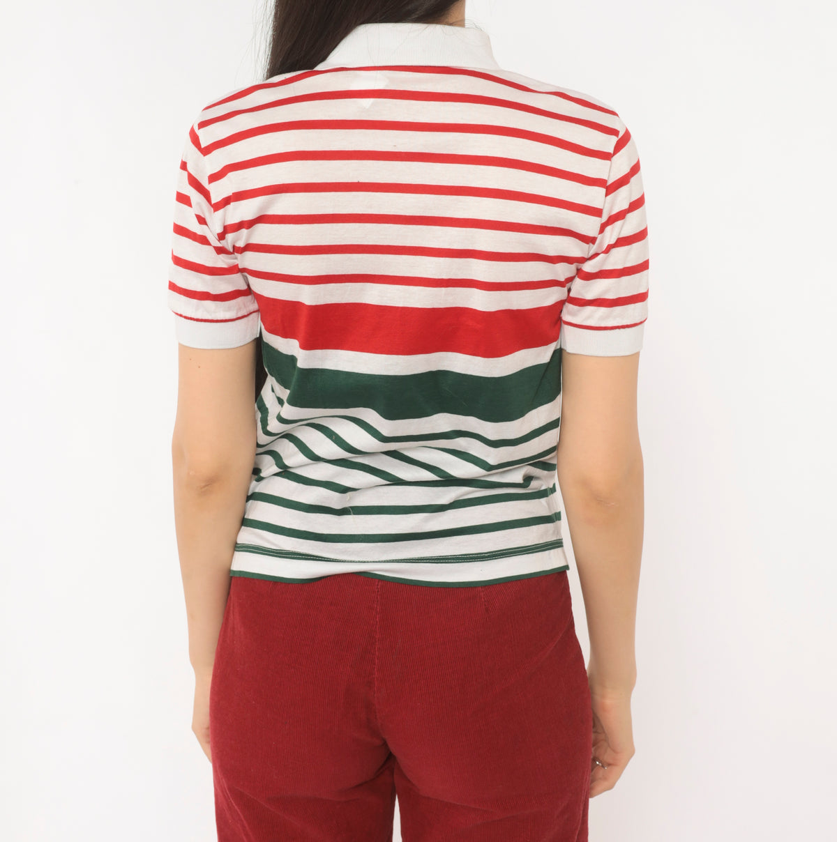 80s Gucci Striped Polo Red Green White Cotton Collared Italian Designer Short Sleeve Knit Top Preppy Collegiate Tennis Style Tee Small S