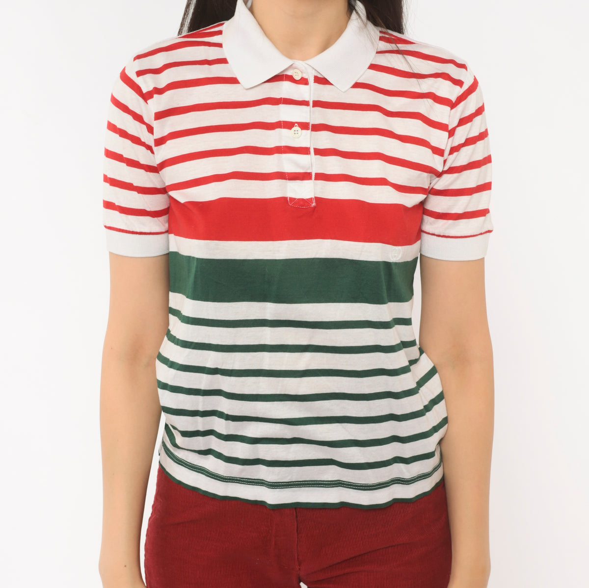 80s Gucci Striped Polo Red Green White Cotton Collared Italian Designer Short Sleeve Knit Top Preppy Collegiate Tennis Style Tee Small S