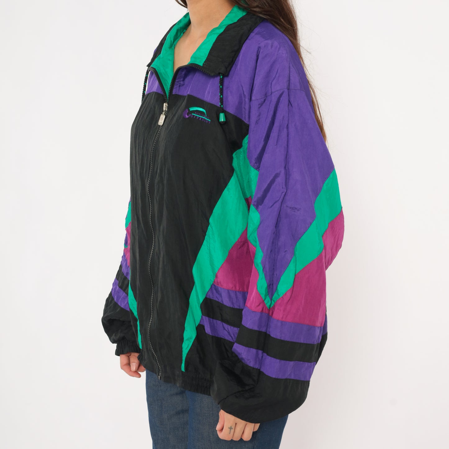 90s Givenchy Windbreaker Purple Teal Black Color Block Zip Front Track Jacket Colorful Athletic Sporty Streetwear Magenta Extra Large XL