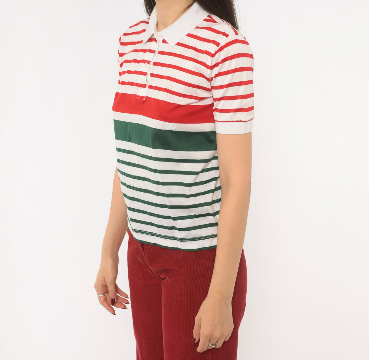 80s Gucci Striped Polo Red Green White Cotton Collared Italian Designer Short Sleeve Knit Top Preppy Collegiate Tennis Style Tee Small S