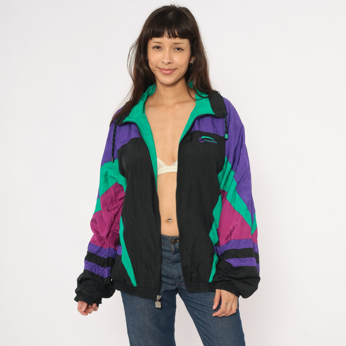 90s Givenchy Windbreaker Purple Teal Black Color Block Zip Front Track Jacket Colorful Athletic Sporty Streetwear Magenta Extra Large XL