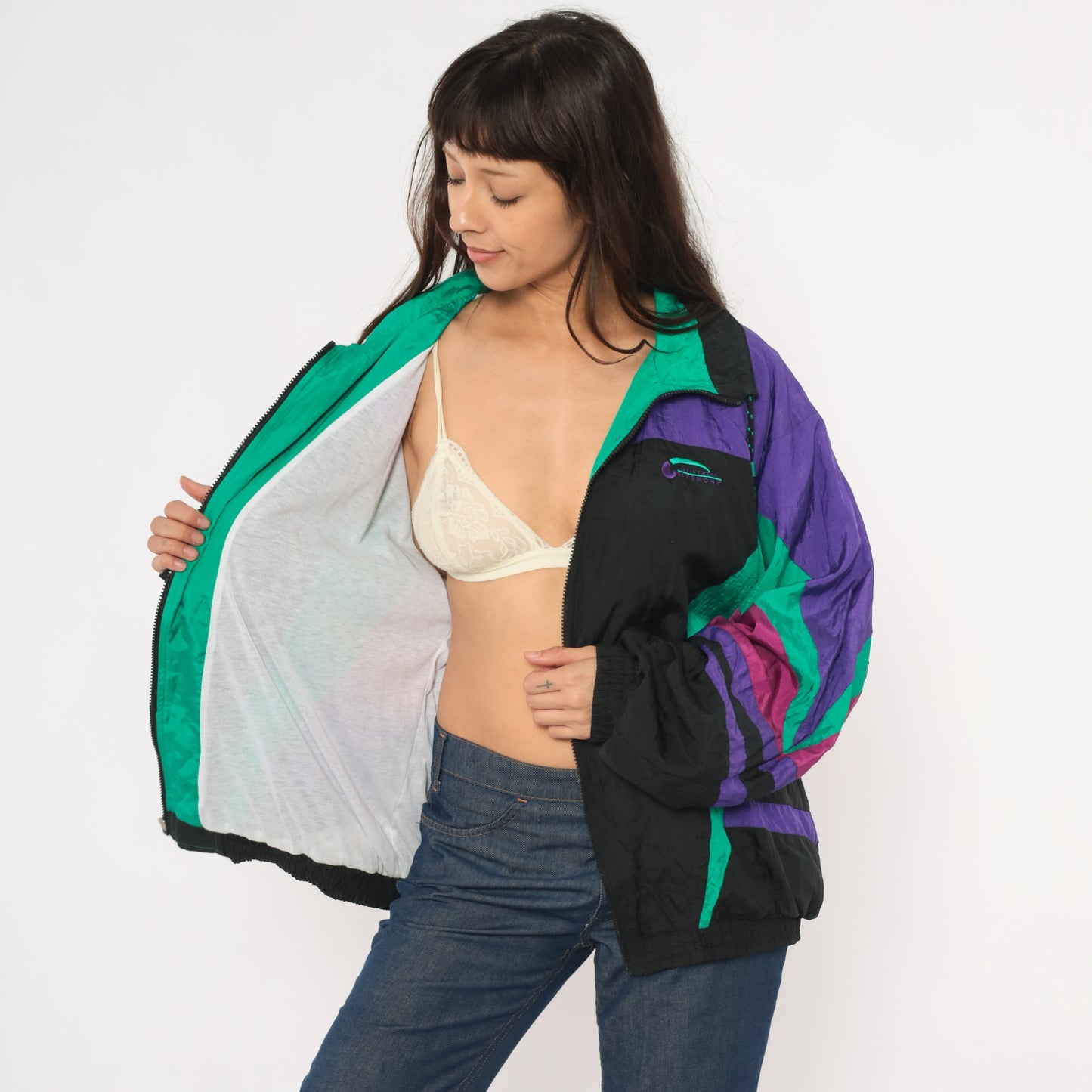 90s Givenchy Windbreaker Purple Teal Black Color Block Zip Front Track Jacket Colorful Athletic Sporty Streetwear Magenta Extra Large XL