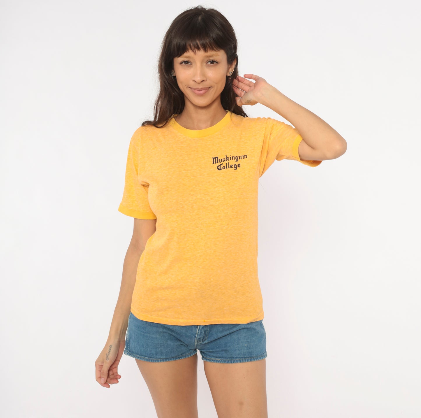 Muskingum College Tee 80s Heathered Gold Cotton University Shirt Mustard Yellow Collegiate Preppy Academic Vintage Top Extra Small XS