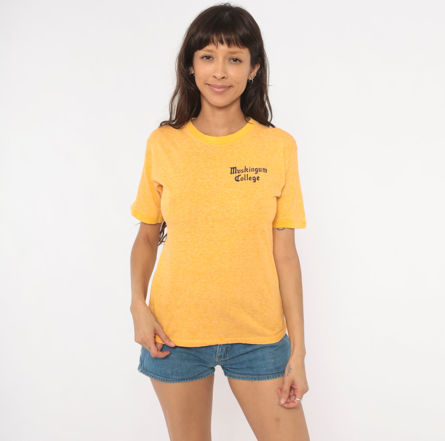 Muskingum College Tee 80s Heathered Gold Cotton University Shirt Mustard Yellow Collegiate Preppy Academic Vintage Top Extra Small XS