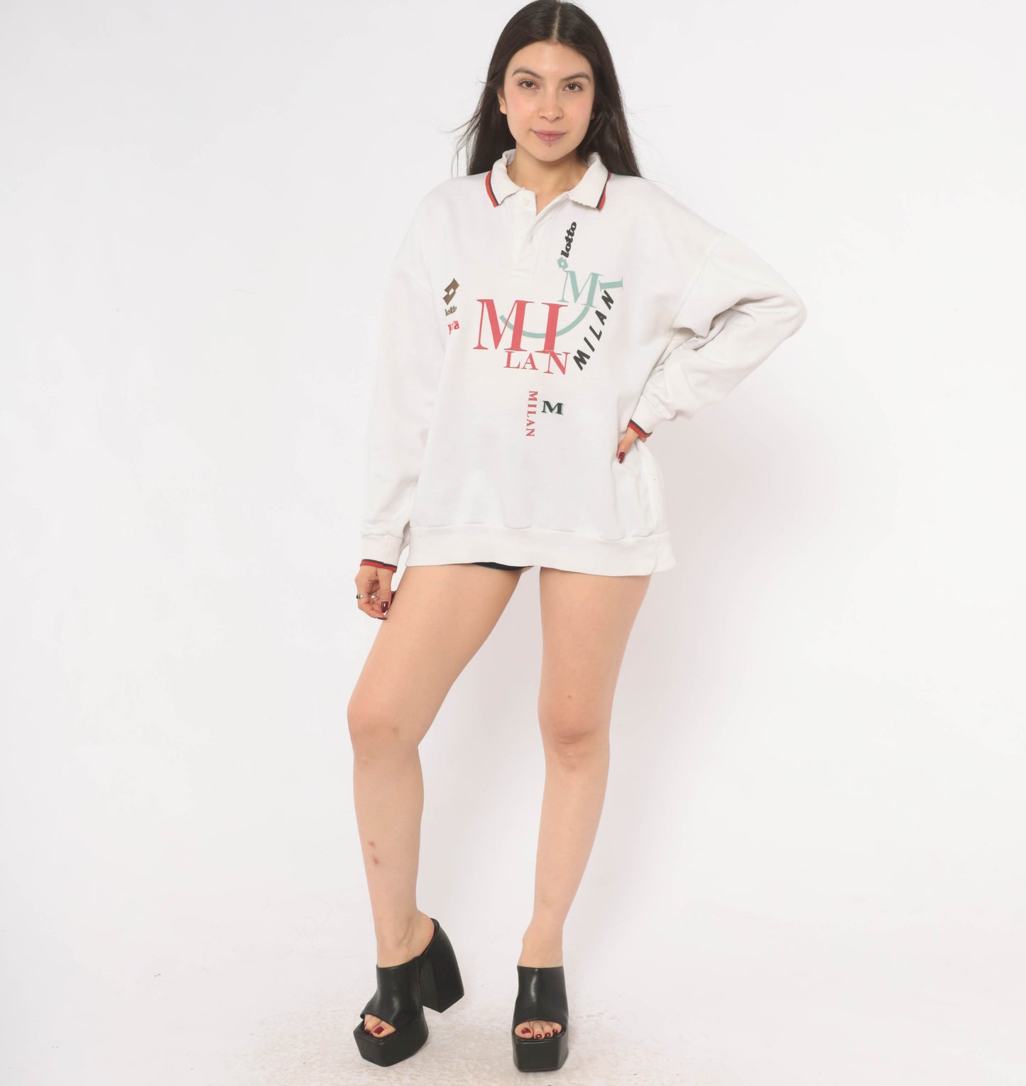 93/94 Lotto Milan Polo Sweatshirt 90s White Collared Red Trim Italian Football Soccer Sporty Long Sleeve Athletic Streetwear Top Medium M