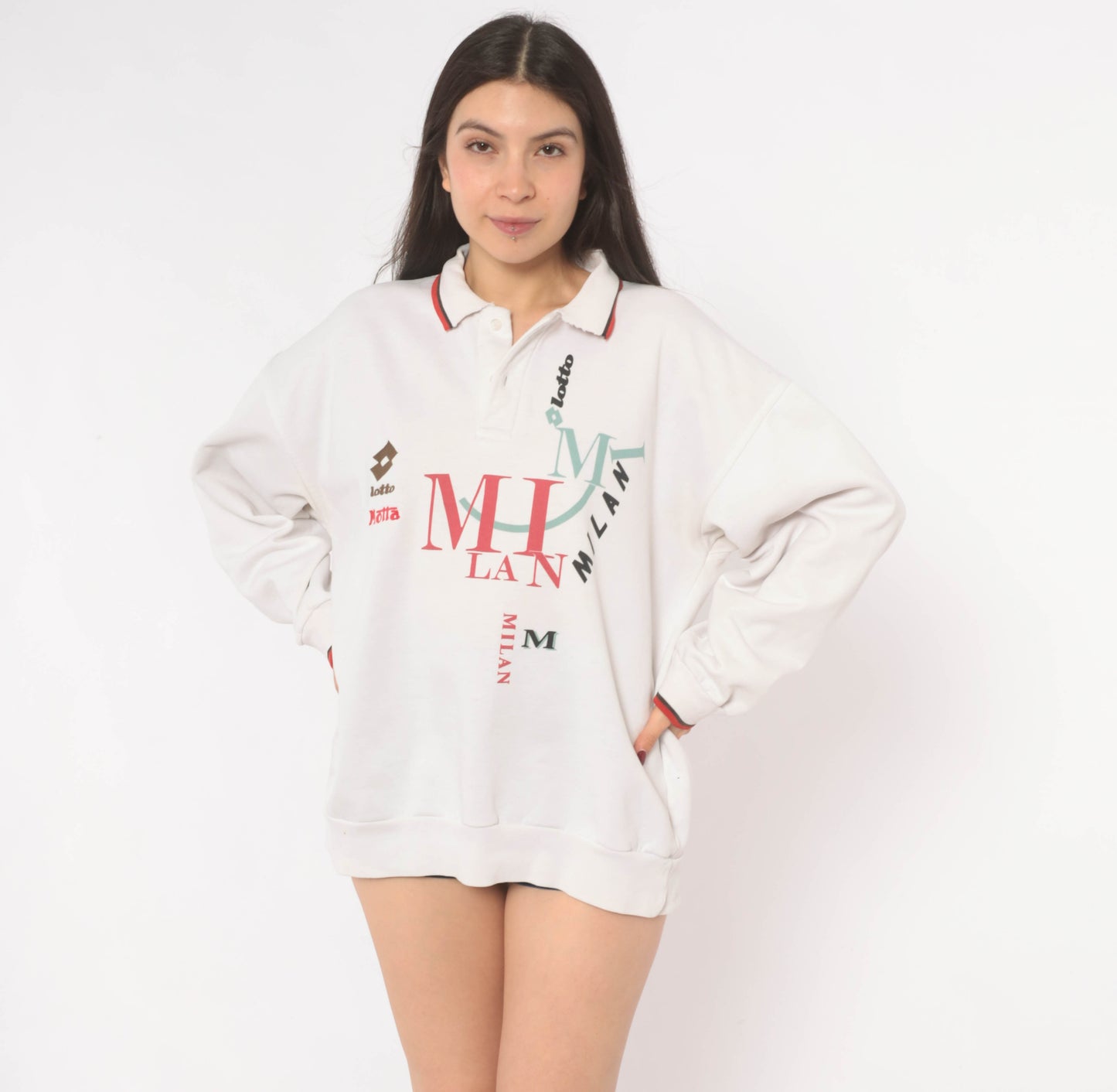 93/94 Lotto Milan Polo Sweatshirt 90s White Collared Red Trim Italian Football Soccer Sporty Long Sleeve Athletic Streetwear Top Medium M