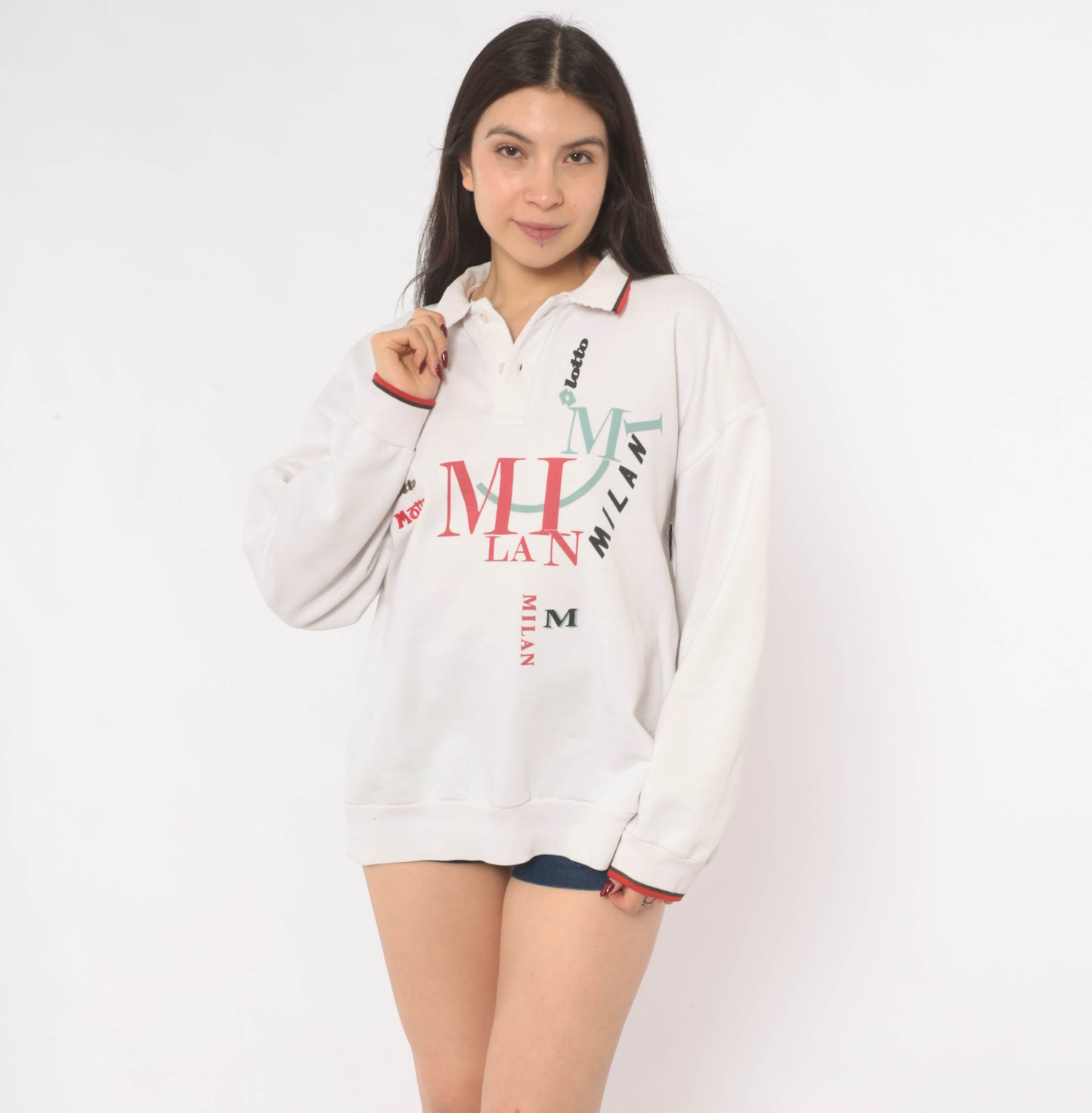 93/94 Lotto Milan Polo Sweatshirt 90s White Collared Red Trim Italian Football Soccer Sporty Long Sleeve Athletic Streetwear Top Medium M