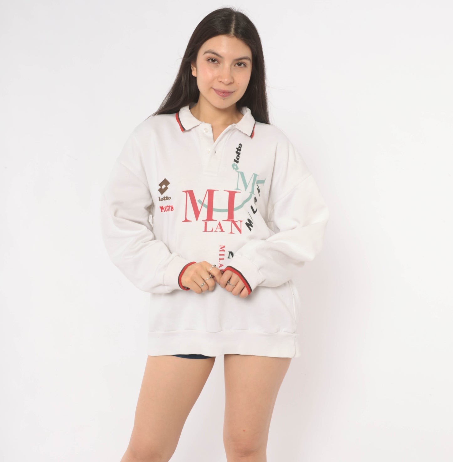 93/94 Lotto Milan Polo Sweatshirt 90s White Collared Red Trim Italian Football Soccer Sporty Long Sleeve Athletic Streetwear Top Medium M