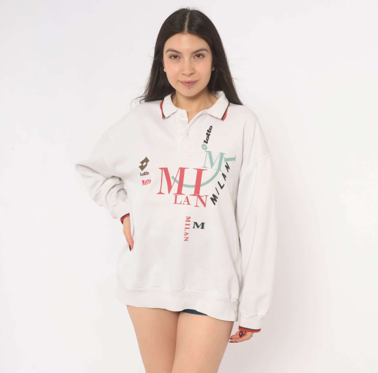 93/94 Lotto Milan Polo Sweatshirt 90s White Collared Red Trim Italian Football Soccer Sporty Long Sleeve Athletic Streetwear Top Medium M