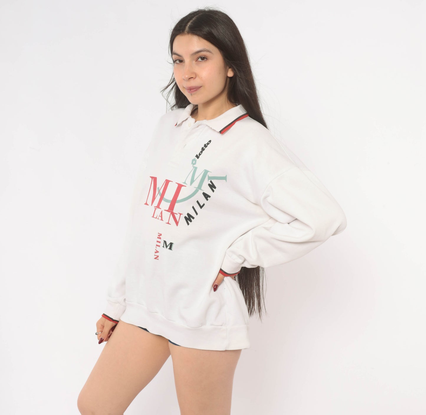 93/94 Lotto Milan Polo Sweatshirt 90s White Collared Red Trim Italian Football Soccer Sporty Long Sleeve Athletic Streetwear Top Medium M