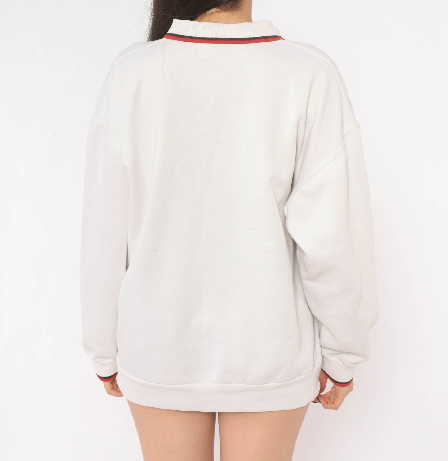 93/94 Lotto Milan Polo Sweatshirt 90s White Collared Red Trim Italian Football Soccer Sporty Long Sleeve Athletic Streetwear Top Medium M