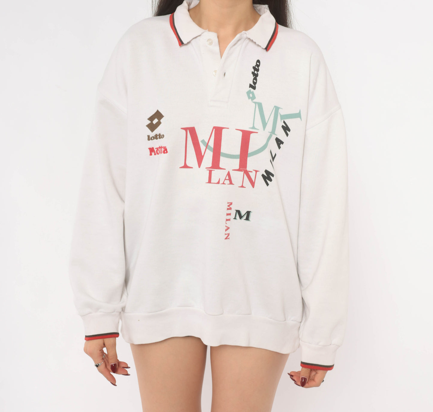 93/94 Lotto Milan Polo Sweatshirt 90s White Collared Red Trim Italian Football Soccer Sporty Long Sleeve Athletic Streetwear Top Medium M