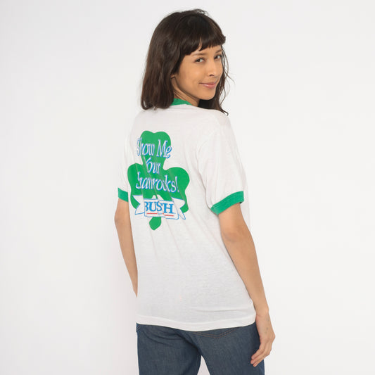 80s St Patricks Day Shamrock Busch Beer Ringer Tee Irish Green White Cotton Graphic Drinking Pub Bar Vintage Short Sleeve Shirt Large L