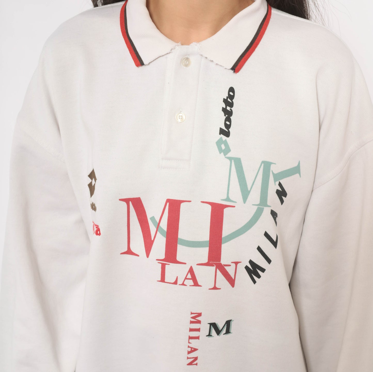 93/94 Lotto Milan Polo Sweatshirt 90s White Collared Red Trim Italian Football Soccer Sporty Long Sleeve Athletic Streetwear Top Medium M