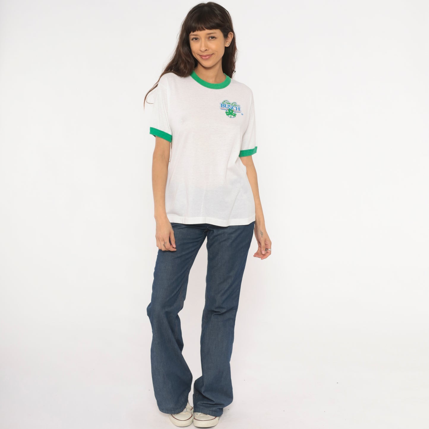 80s St Patricks Day Shamrock Busch Beer Ringer Tee Irish Green White Cotton Graphic Drinking Pub Bar Vintage Short Sleeve Shirt Large L