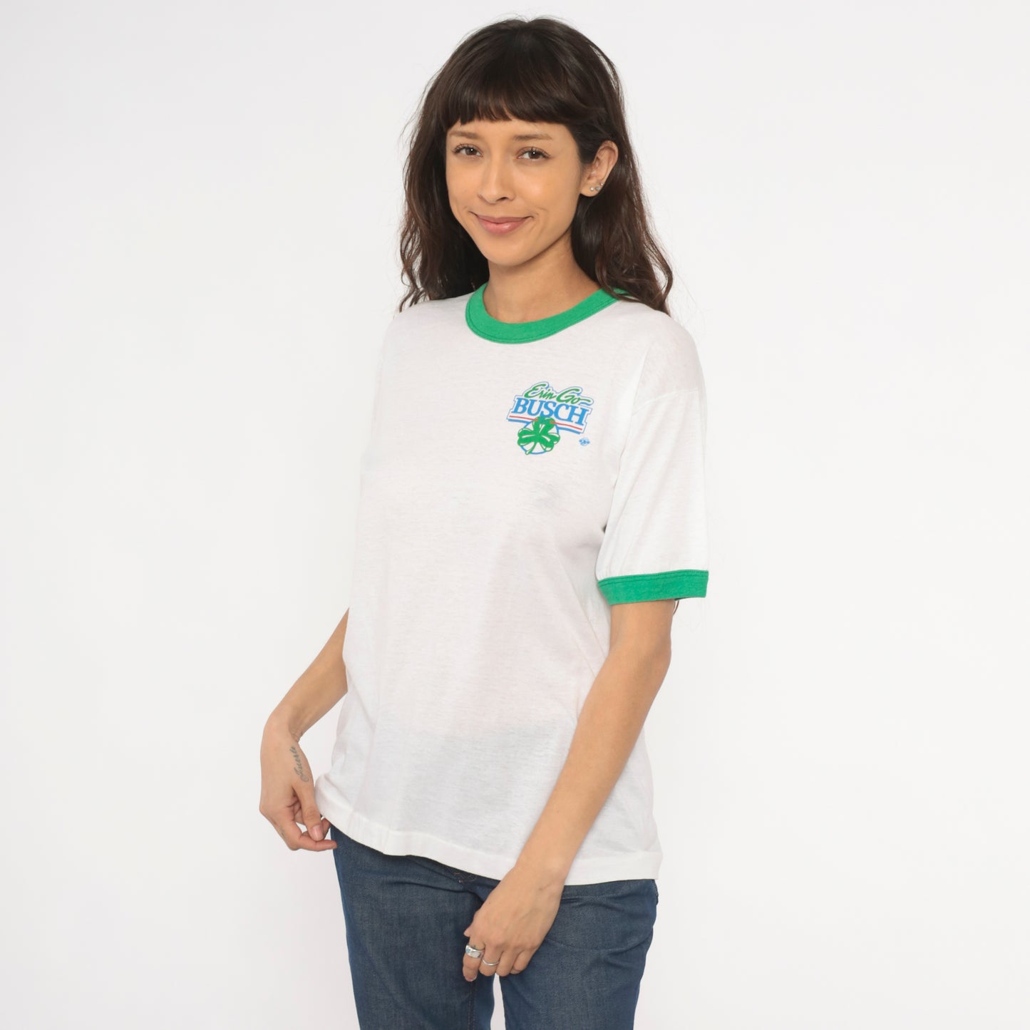 80s St Patricks Day Shamrock Busch Beer Ringer Tee Irish Green White Cotton Graphic Drinking Pub Bar Vintage Short Sleeve Shirt Large L