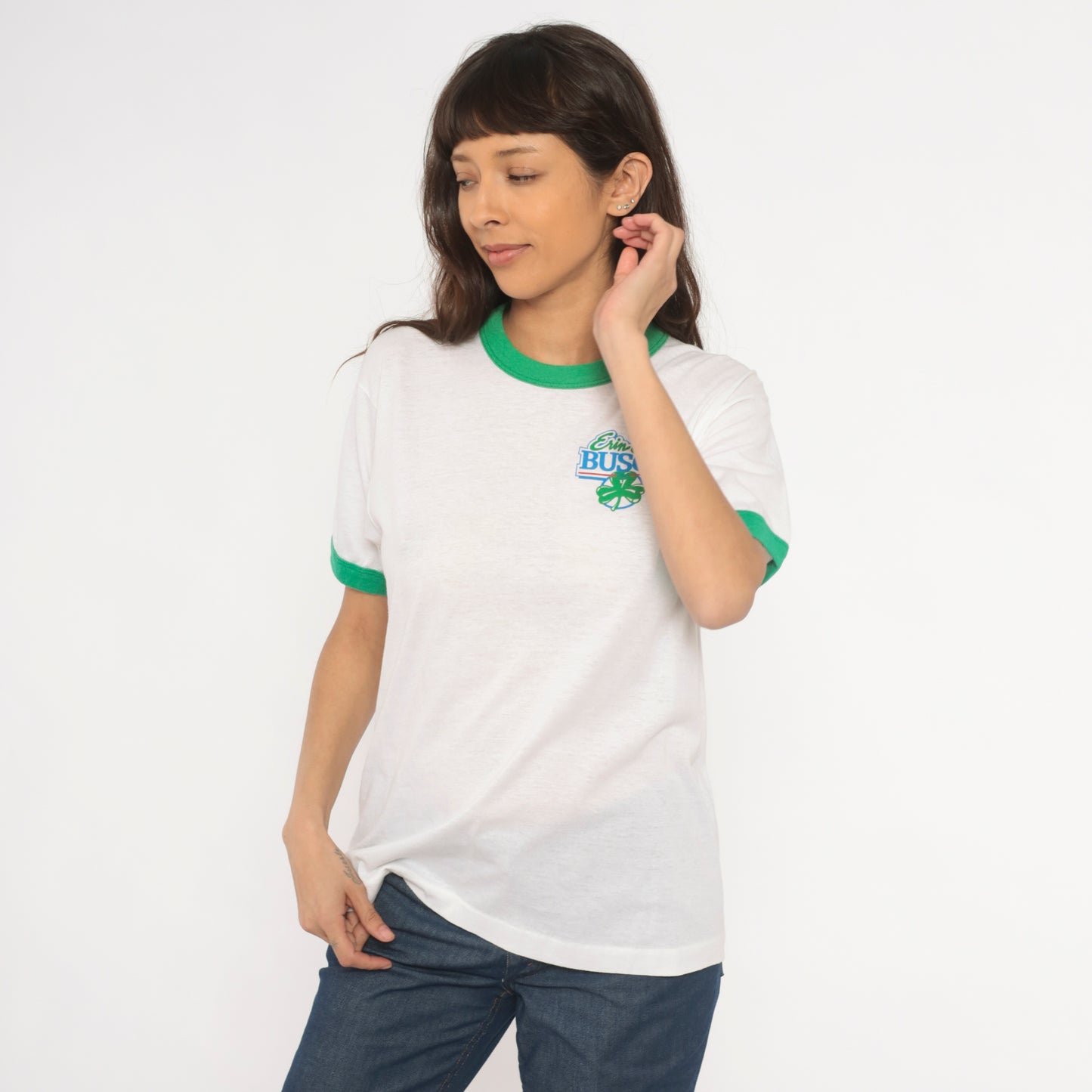 80s St Patricks Day Shamrock Busch Beer Ringer Tee Irish Green White Cotton Graphic Drinking Pub Bar Vintage Short Sleeve Shirt Large L