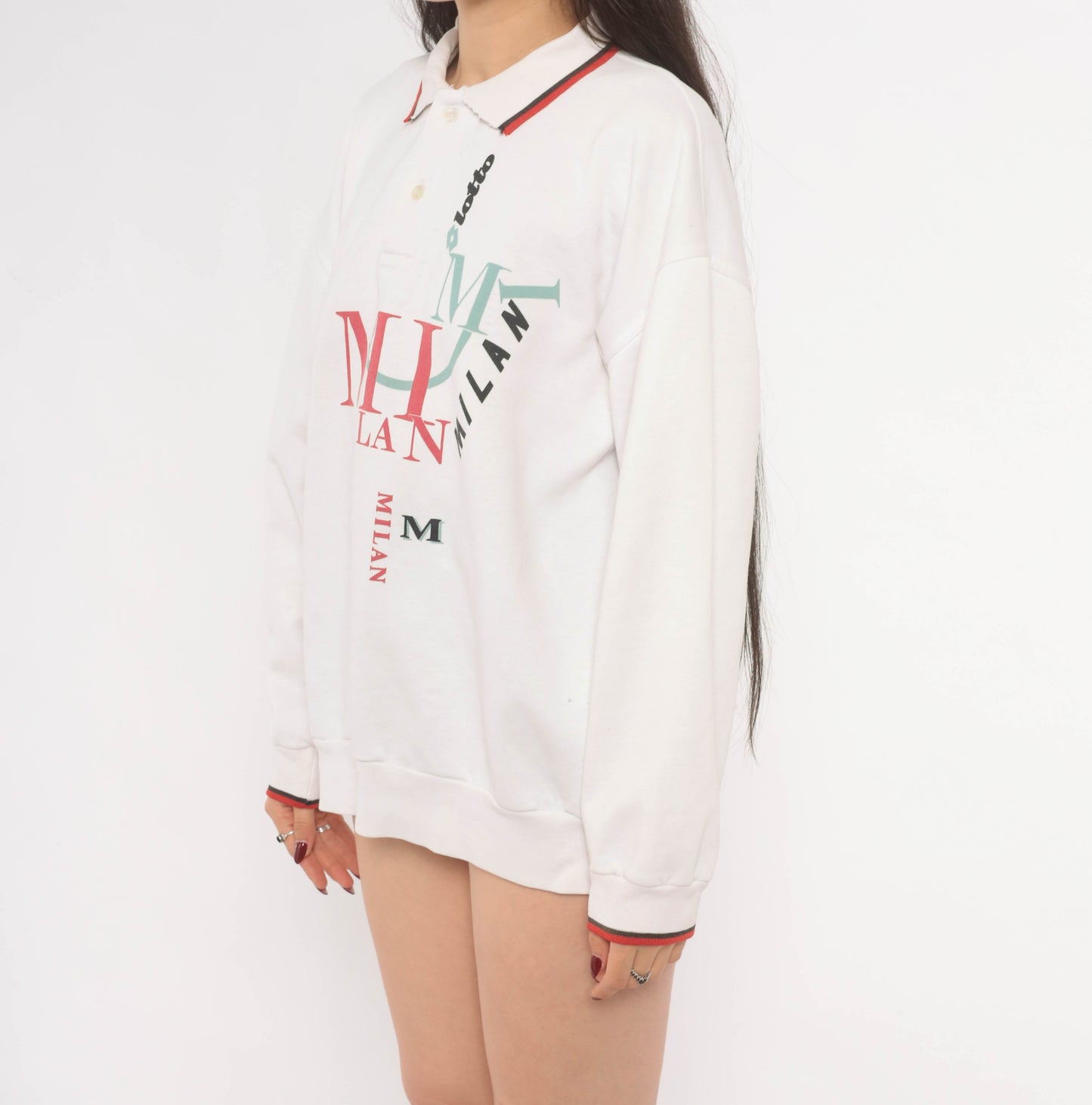 93/94 Lotto Milan Polo Sweatshirt 90s White Collared Red Trim Italian Football Soccer Sporty Long Sleeve Athletic Streetwear Top Medium M