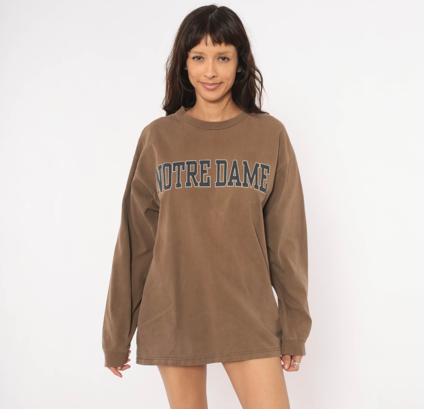 90s Notre Dame Jansport Long Sleeve Tee Mocha Brown Collegiate Cotton University Shirt Coffee Varsity Athletic Tan Relaxed Fit Top Large L