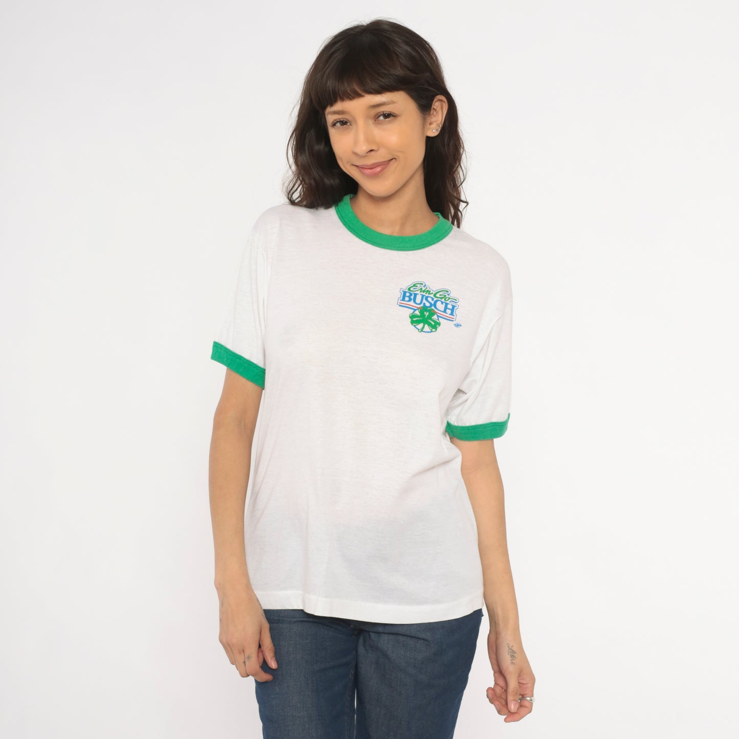 80s St Patricks Day Shamrock Busch Beer Ringer Tee Irish Green White Cotton Graphic Drinking Pub Bar Vintage Short Sleeve Shirt Large L