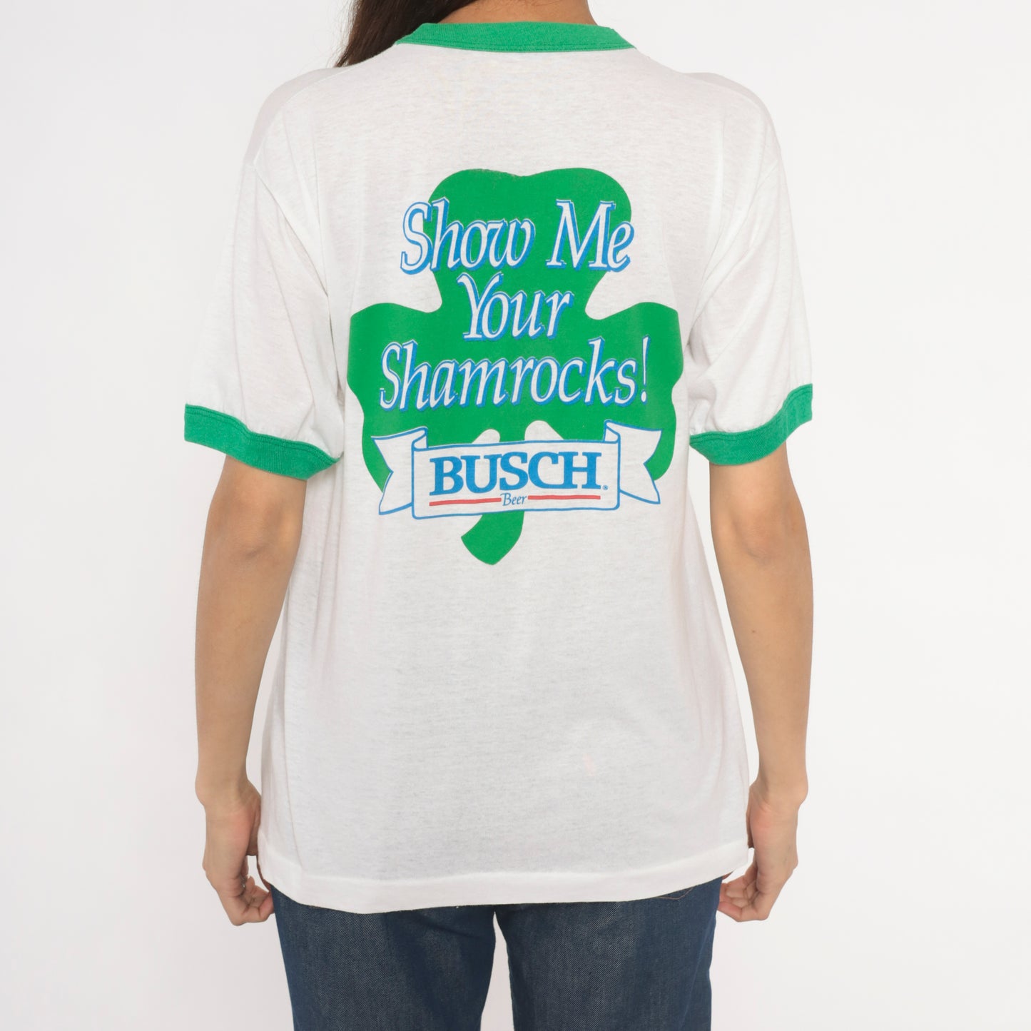 80s St Patricks Day Shamrock Busch Beer Ringer Tee Irish Green White Cotton Graphic Drinking Pub Bar Vintage Short Sleeve Shirt Large L