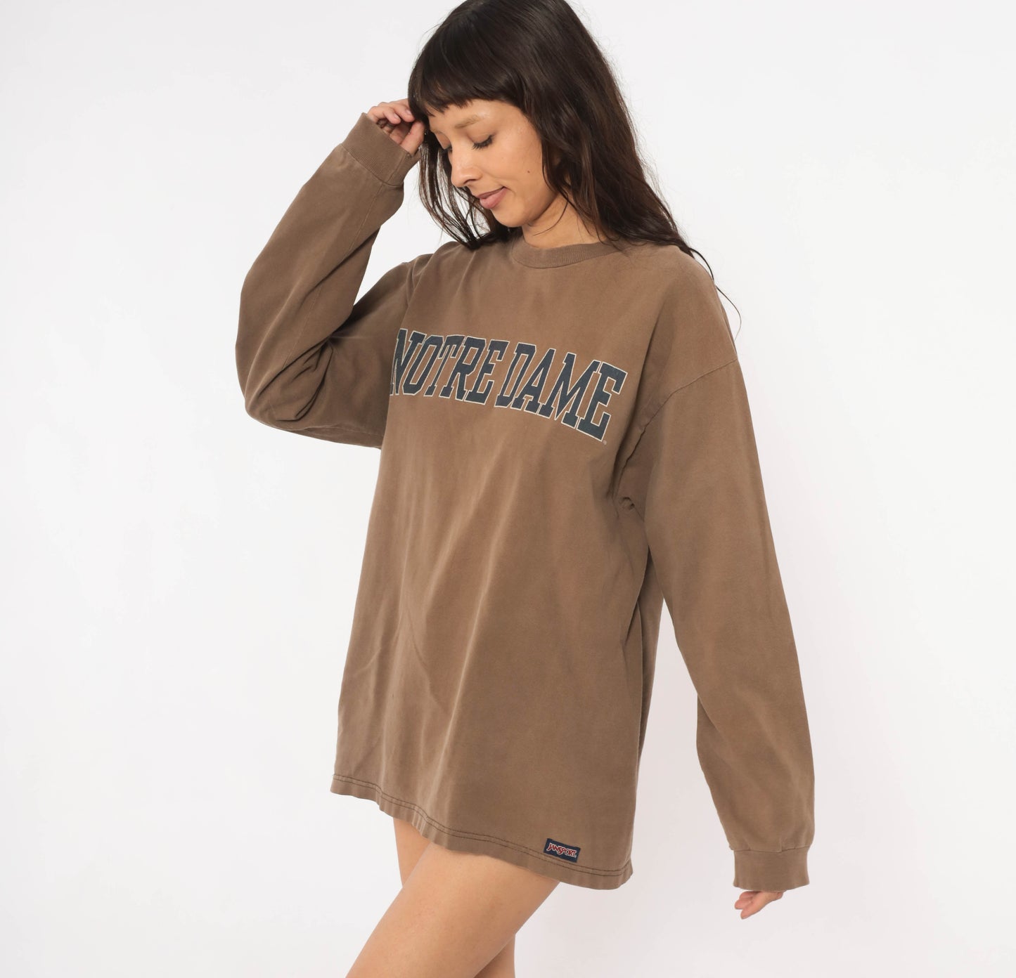 90s Notre Dame Jansport Long Sleeve Tee Mocha Brown Collegiate Cotton University Shirt Coffee Varsity Athletic Tan Relaxed Fit Top Large L
