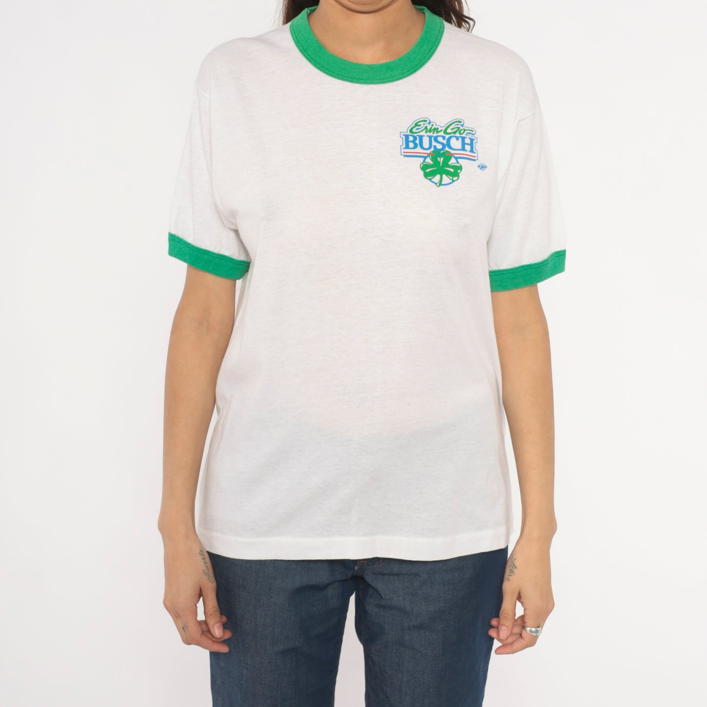 80s St Patricks Day Shamrock Busch Beer Ringer Tee Irish Green White Cotton Graphic Drinking Pub Bar Vintage Short Sleeve Shirt Large L