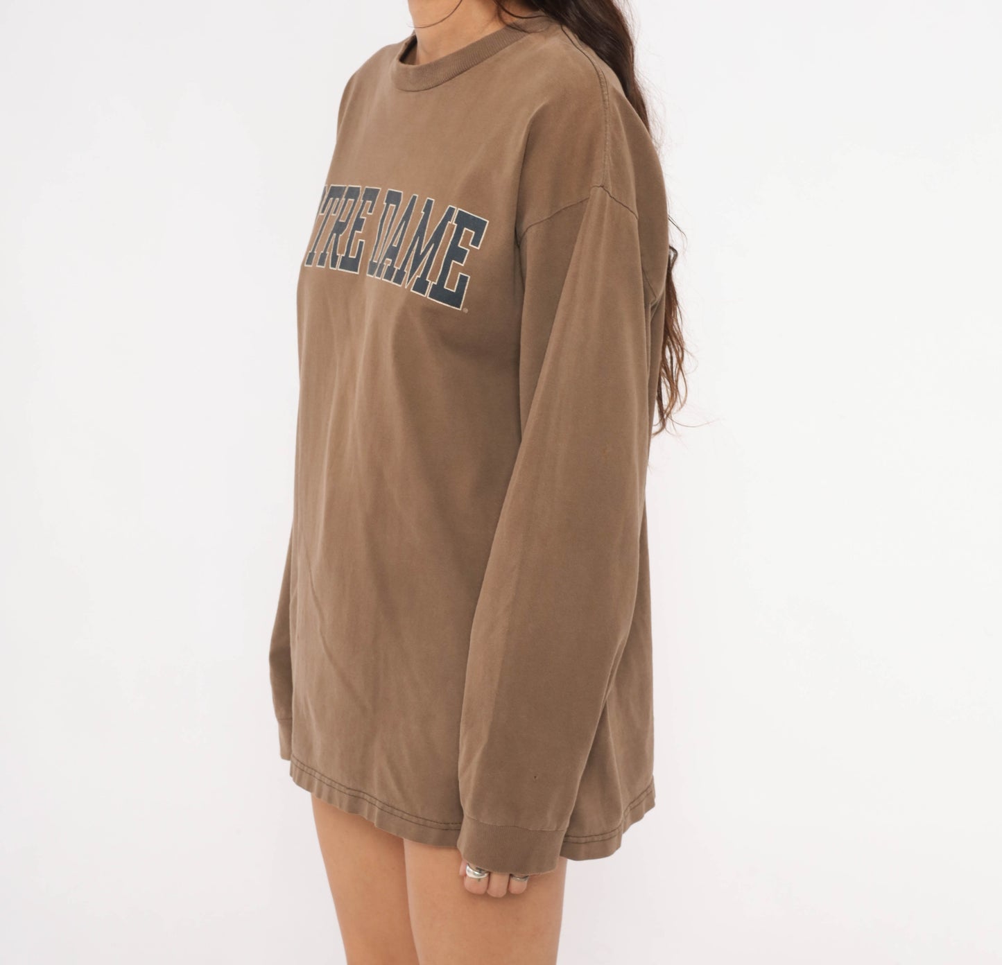 90s Notre Dame Jansport Long Sleeve Tee Mocha Brown Collegiate Cotton University Shirt Coffee Varsity Athletic Tan Relaxed Fit Top Large L