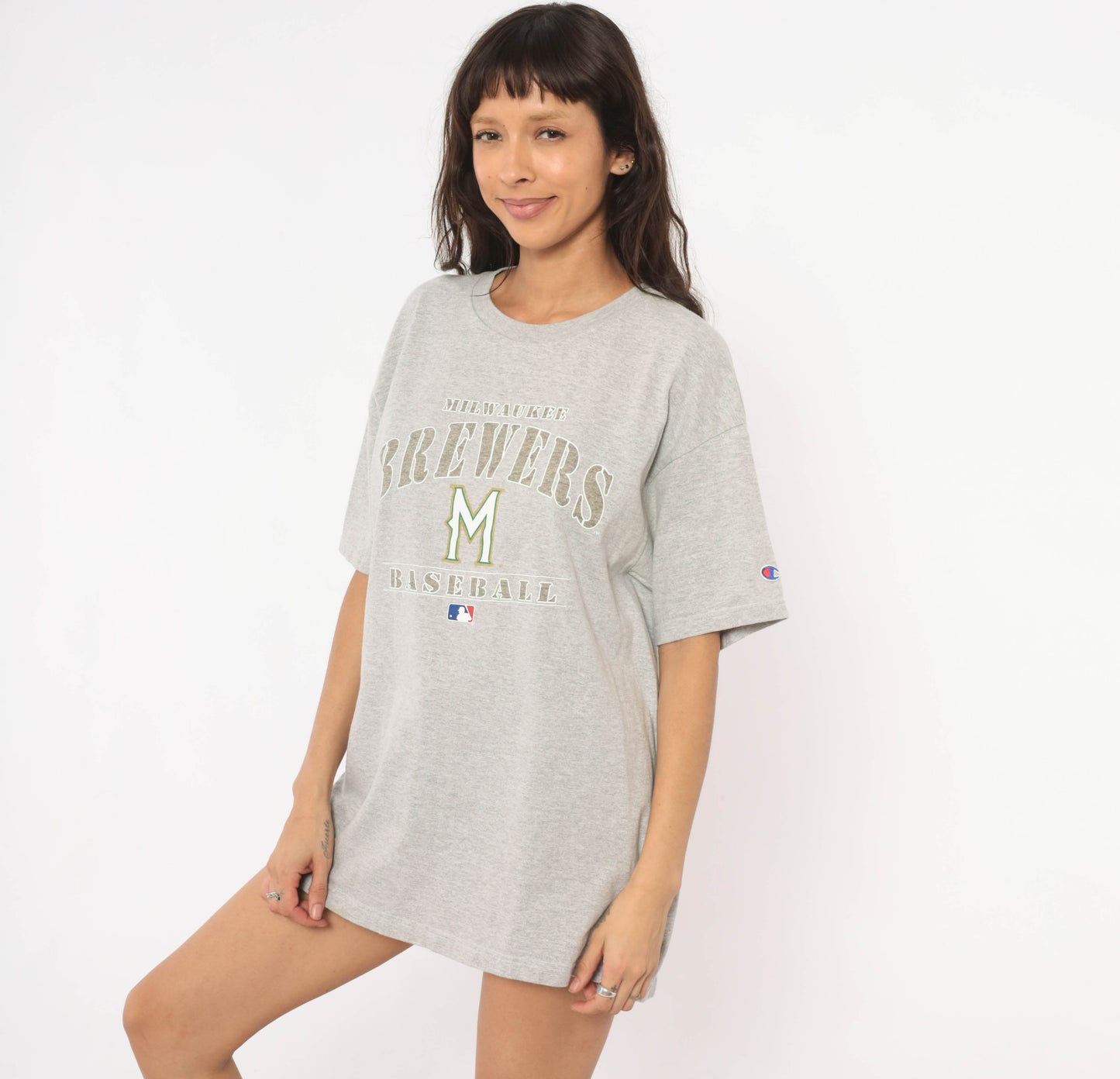 Y2K Champion Brewers Tee Milwaukee Baseball MLB Grey Cotton Short Sleeve Sports Athletic Streetwear Collegiate Unisex Vintage Extra Large XL