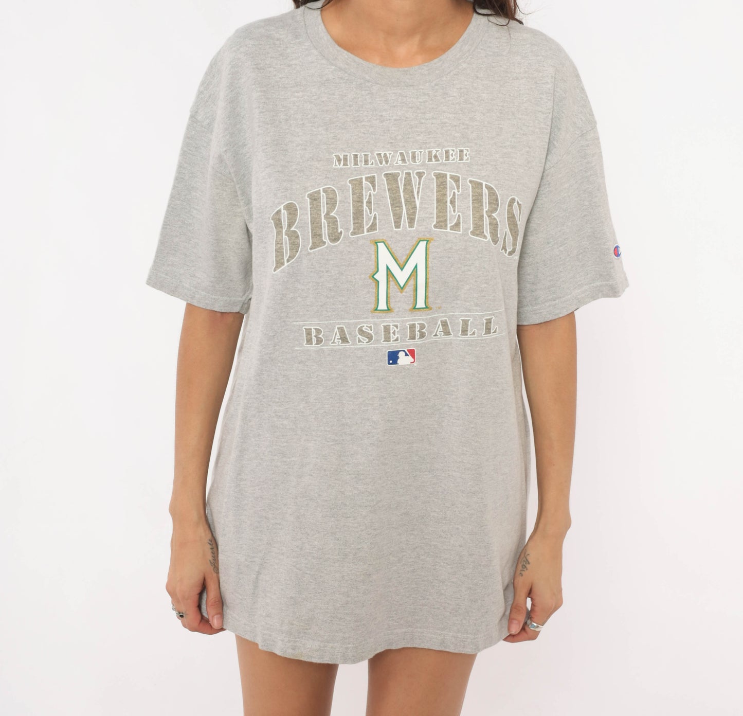 Y2K Champion Brewers Tee Milwaukee Baseball MLB Grey Cotton Short Sleeve Sports Athletic Streetwear Collegiate Unisex Vintage Extra Large XL